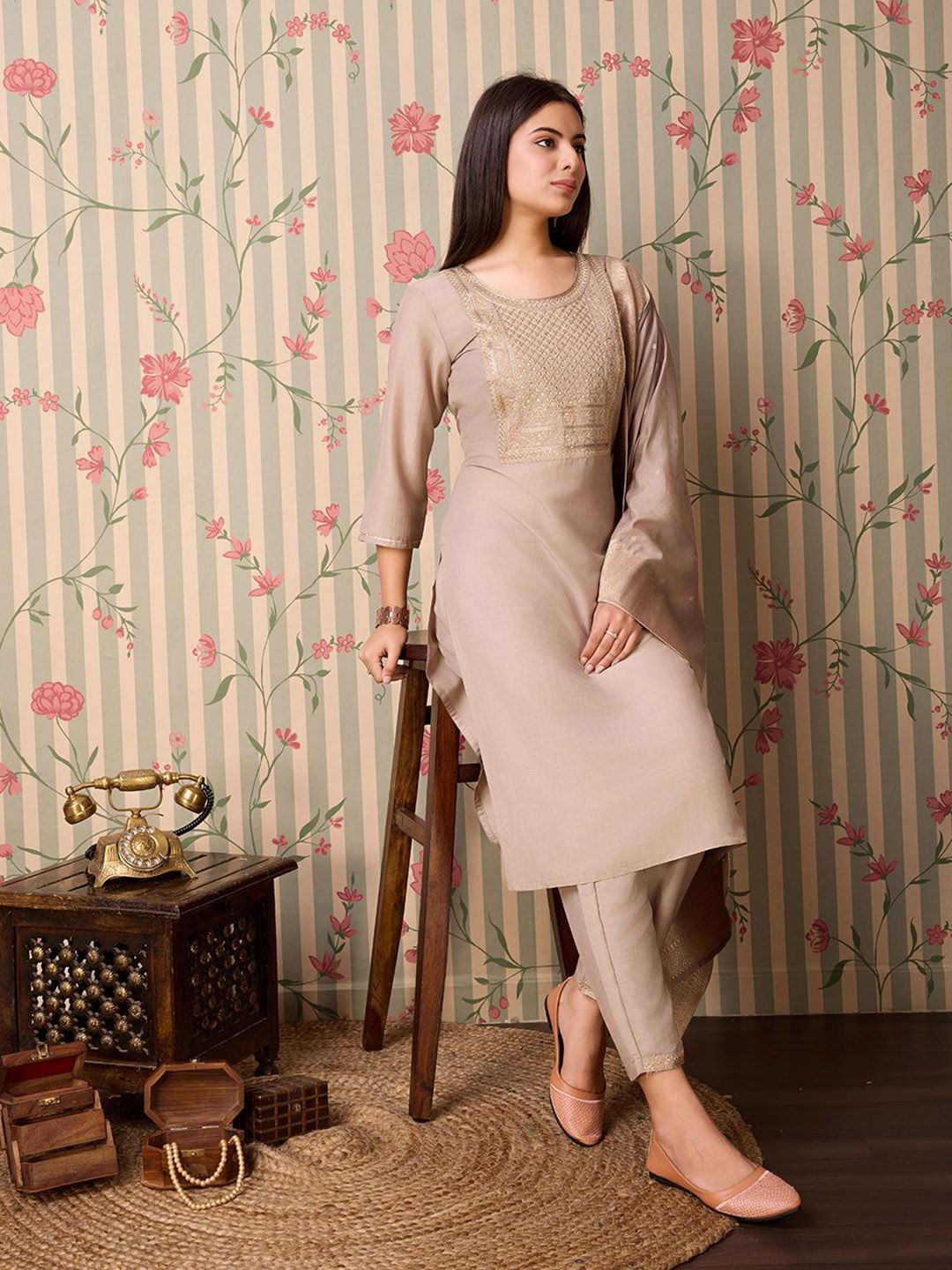 Beige Art Silk Embroidered Kurta with Trousers & Dupatta