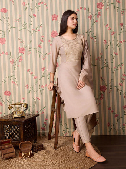 Beige Art Silk Embroidered Kurta with Trousers & Dupatta