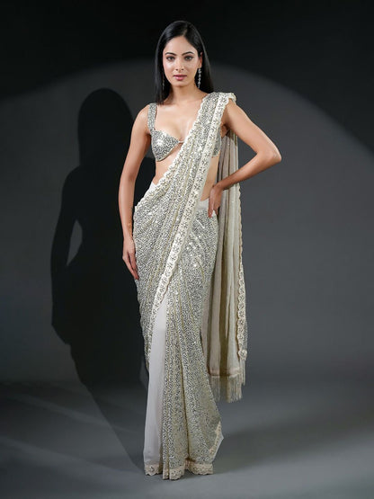 Ivory Sequin Embellished Georgette Ready-to-Wear Saree