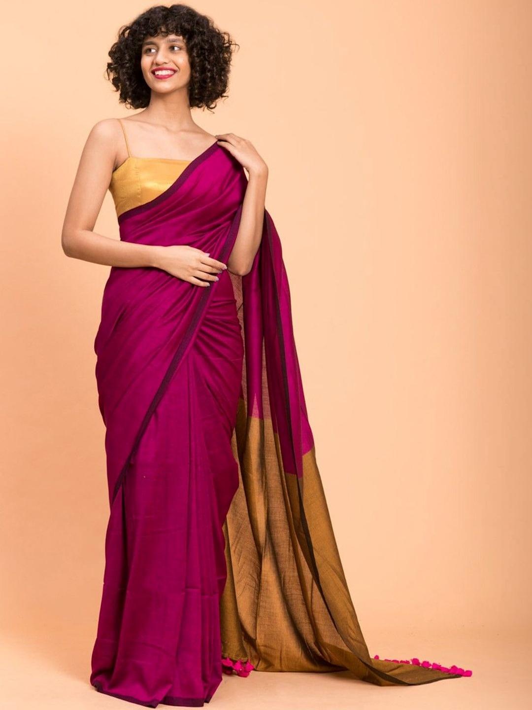 Magenta & Mustard Khadi Cotton Blend Saree