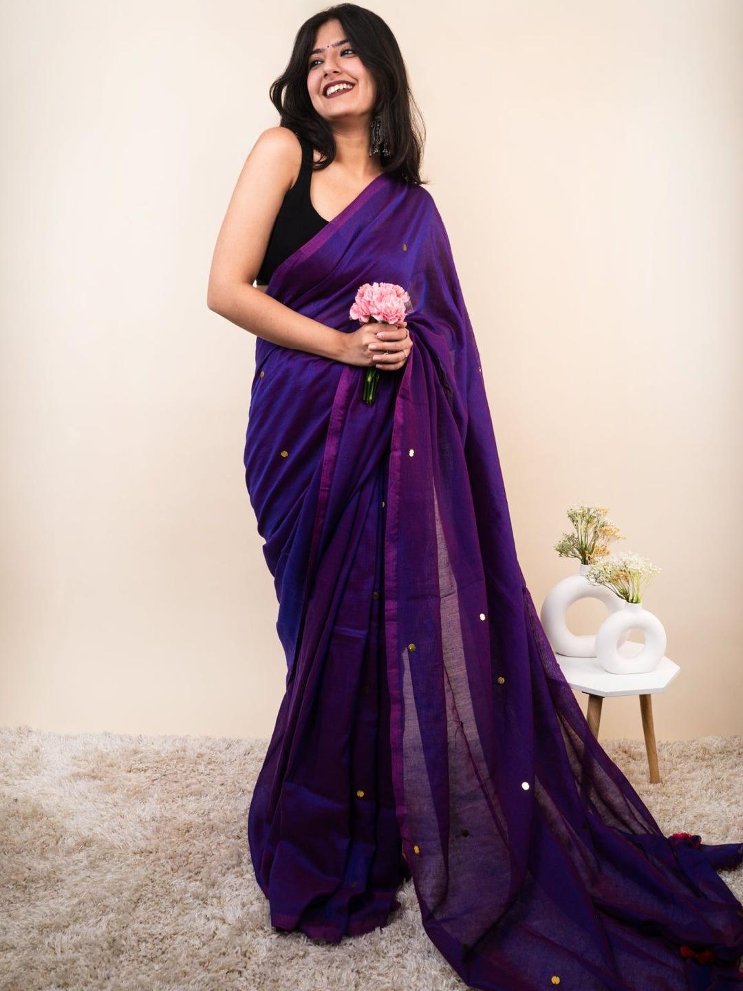 Royal Purple Cotton Blend Embellished Sequined Saree