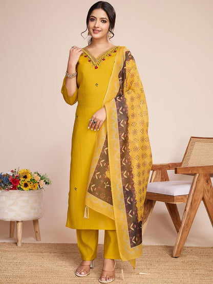 Mustard Yellow Chanderi Silk Embroidered Kurta with Trousers and Printed Dupatta