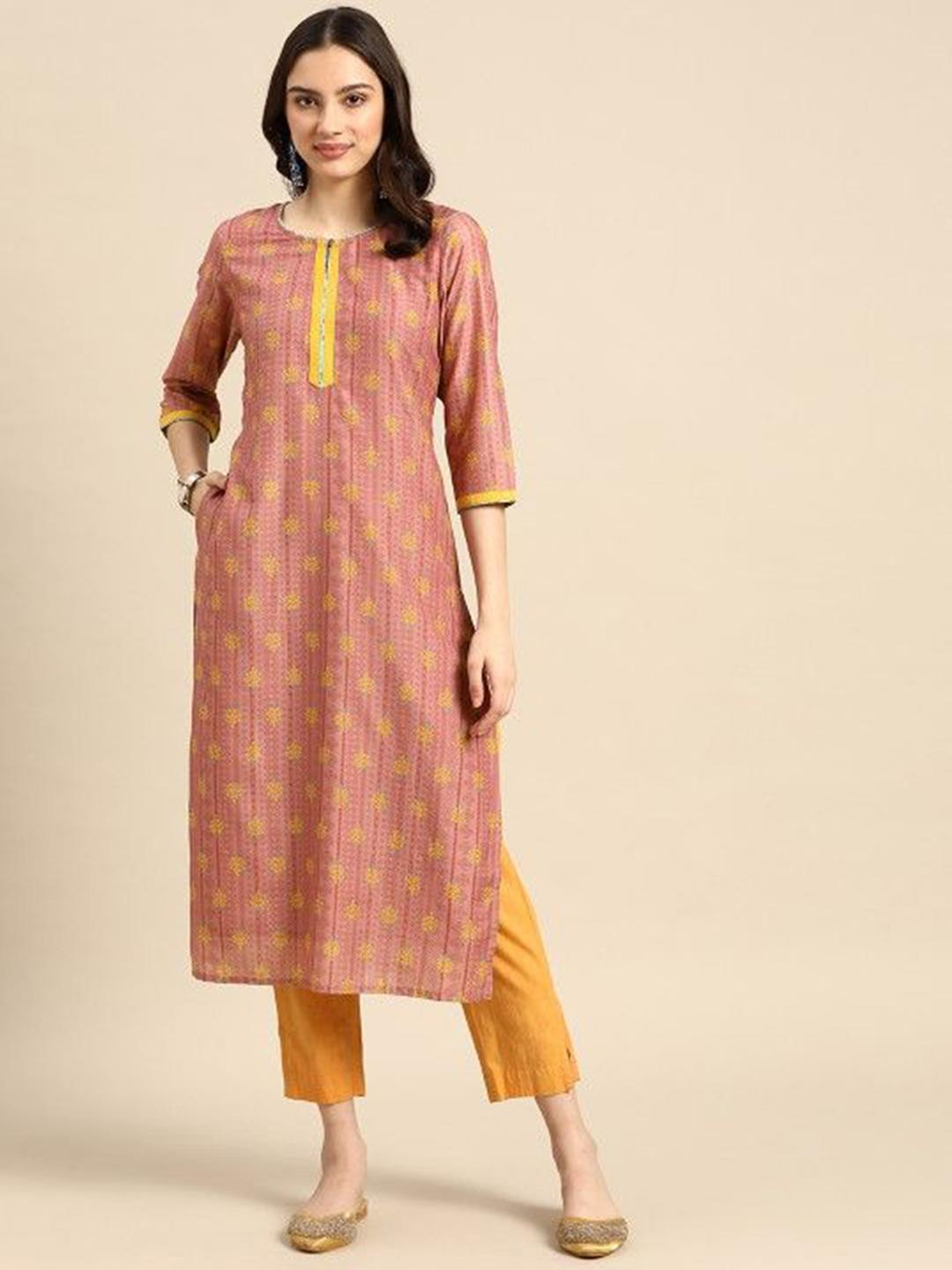 Peach Printed Viscose Rayon Round Neck Kurta