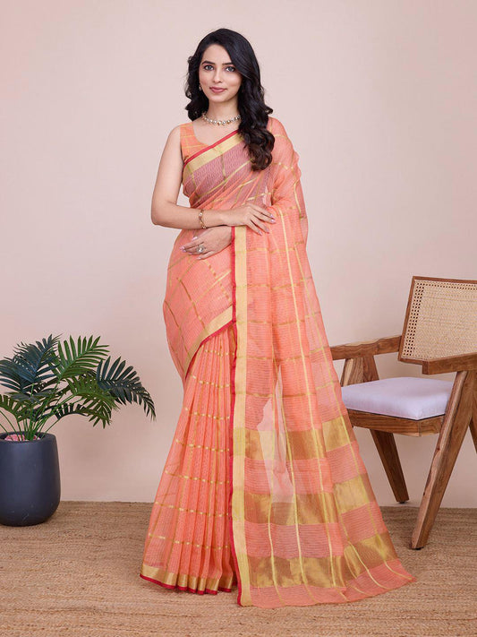 Peach Cotton Silk Woven Design Embellished Striped Zari Kota Saree