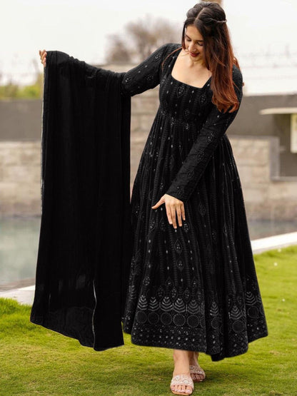 Black Georgette Embroidered Anarkali Kurta with Pyjamas & Dupatta