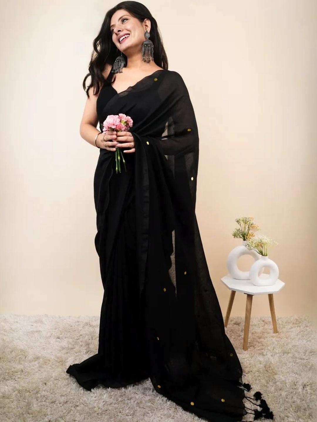 Black Cotton Blend Embellished Saree
