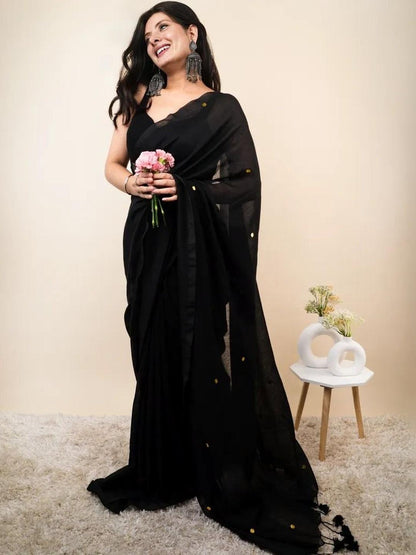 Black Cotton Blend Embellished Saree