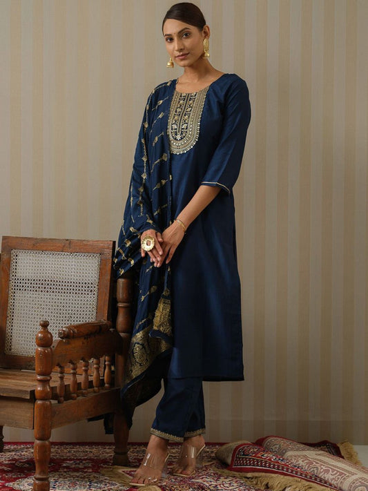 Navy Blue Art Silk Embroidered Kurta with Trousers & Dupatta