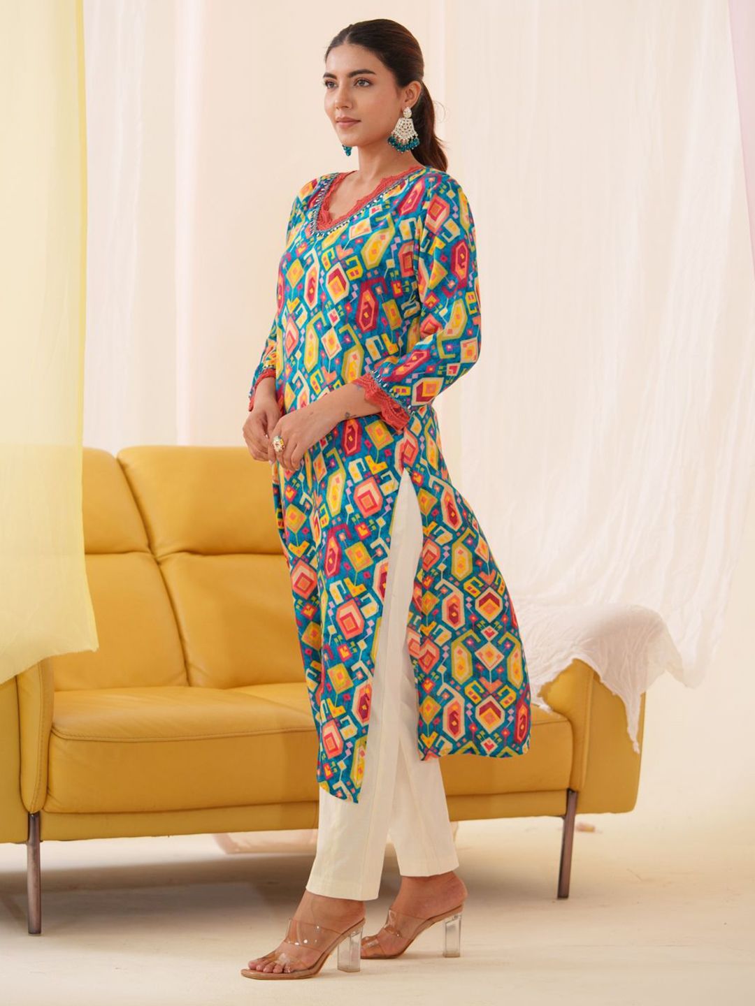Multicolor Women’s Cotton V Neck Kurta
