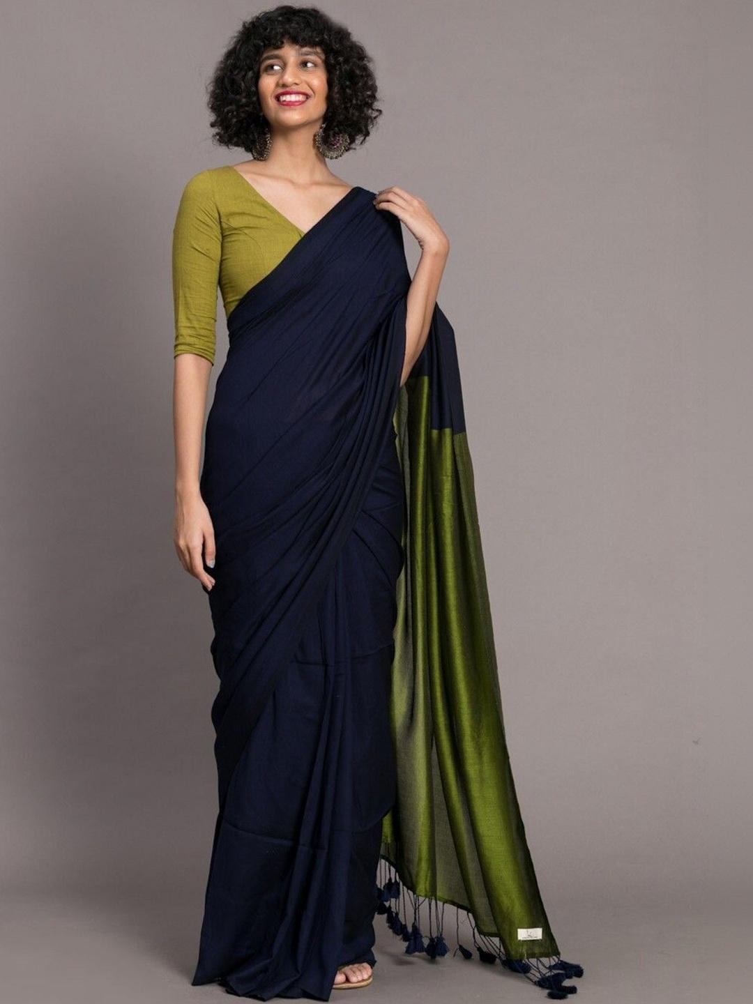 Navy Blue & Olive Khadi Cotton Blend Saree