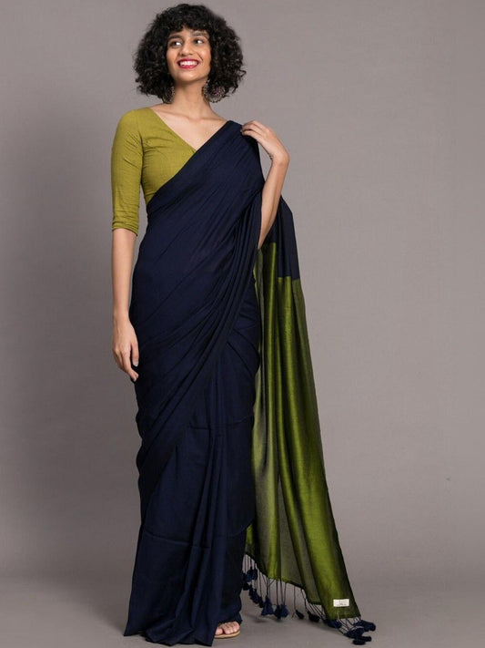 Navy Blue & Olive Khadi Cotton Blend Saree