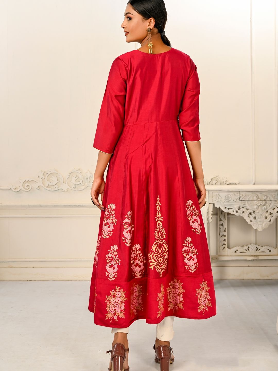 Red Pure Cotton Embroidered Round Neck Anarkali Kurta