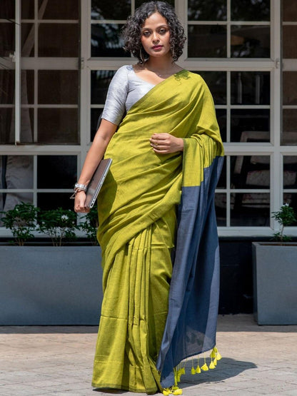 Olive Green Cotton Blend Saree