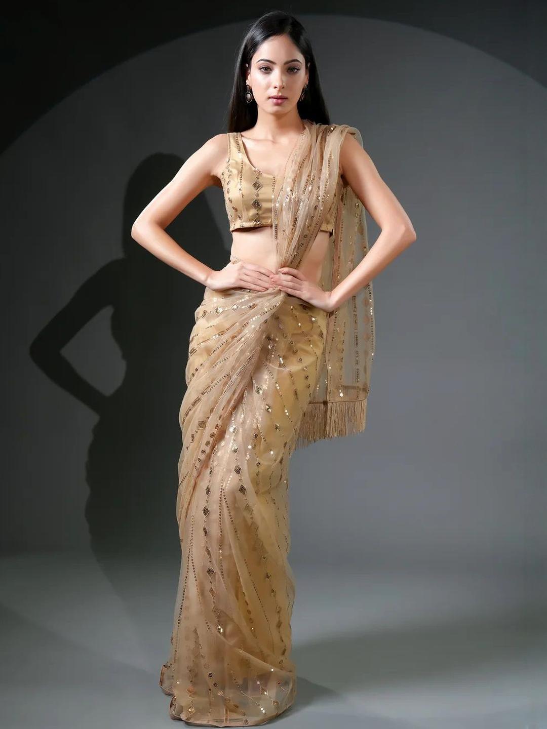 Golden Sequin Embellished Georgette Saree