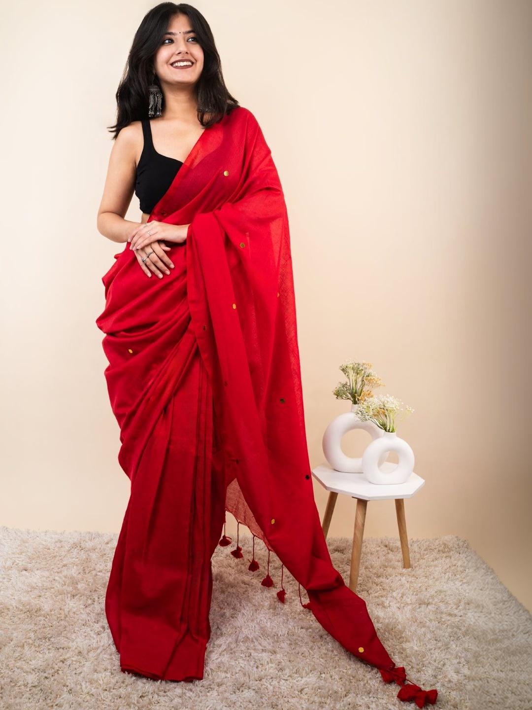 Red Cotton Blend Mirror Work Saree