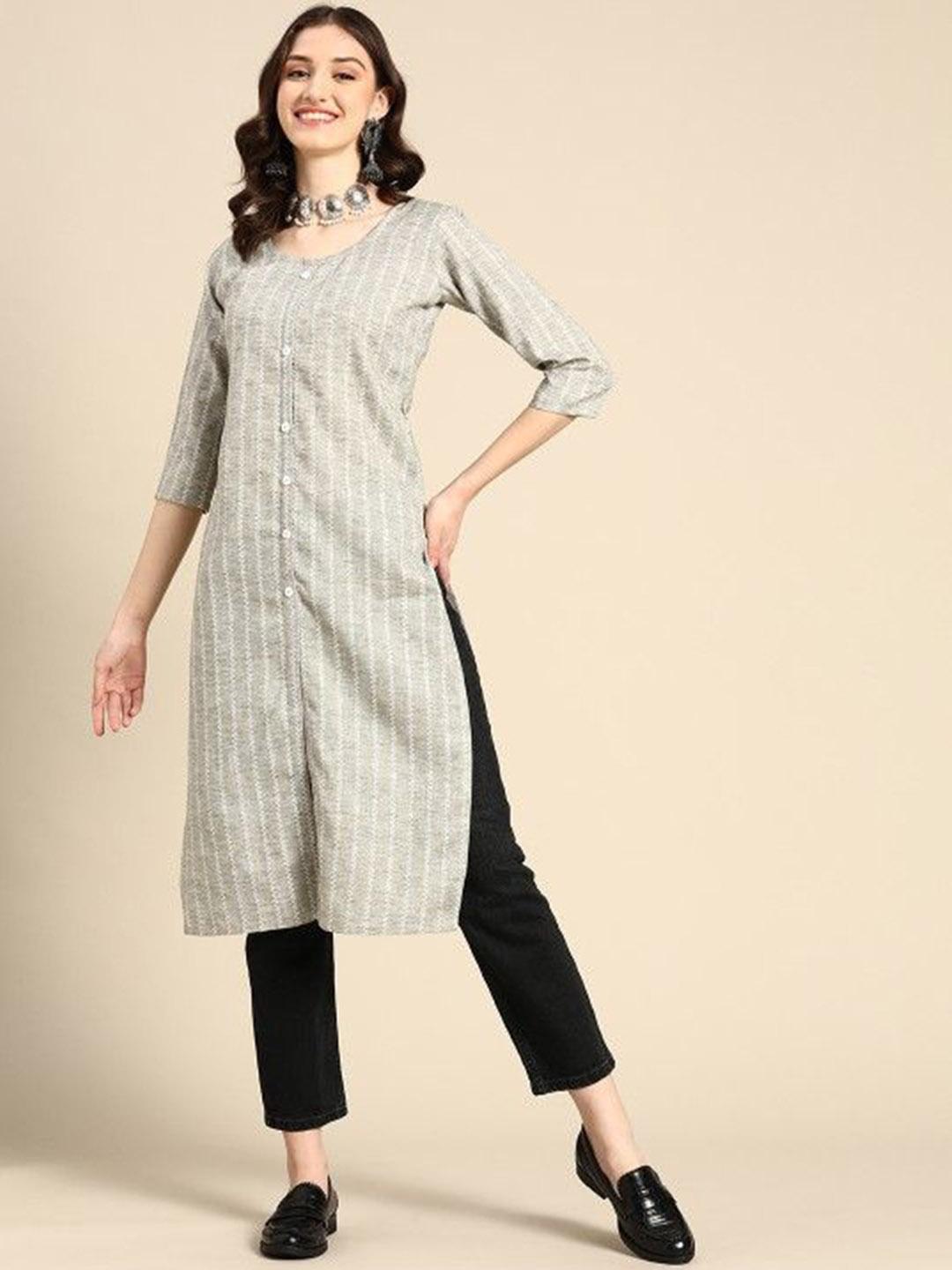 Grey Striped Viscose Rayon Round Neck Kurta