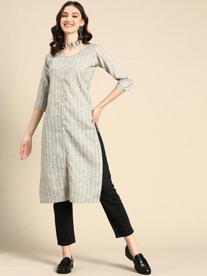 Grey Striped Viscose Rayon Round Neck Kurta