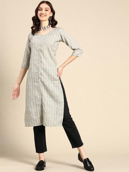 Grey Striped Viscose Rayon Round Neck Kurta