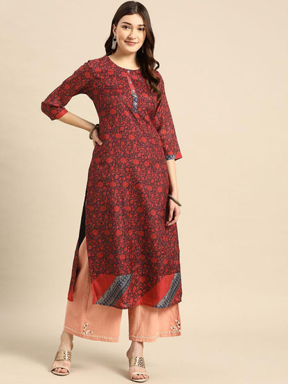Red Floral Viscose Rayon Round Neck Kurta