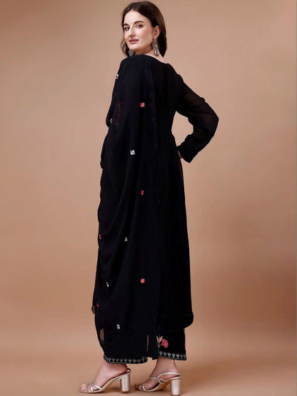 Black Poly Georgette Embroidered Kurta with Trousers & Dupatta