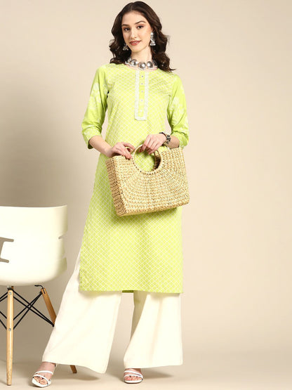 Lime Green Printed Viscose Rayon Round Neck Kurta