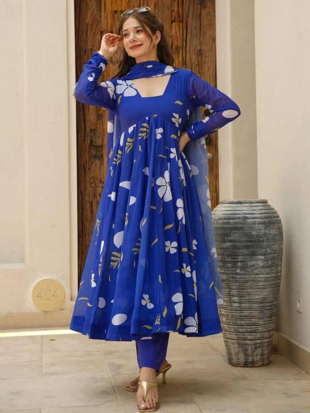 Royal Blue Viscose Rayon Floral Printed Anarkali Kurta with Trousers & Dupatta