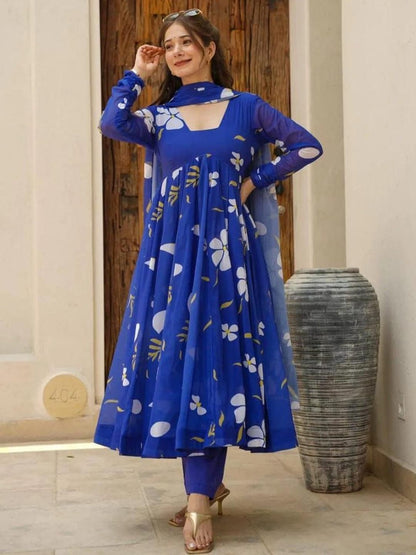 Royal Blue Viscose Rayon Floral Printed Anarkali Kurta with Trousers & Dupatta