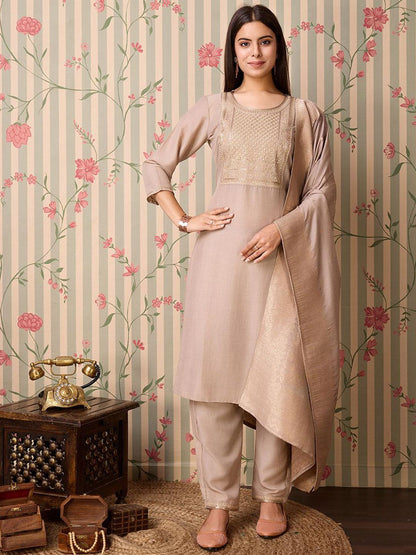 Beige Art Silk Embroidered Kurta with Trousers & Dupatta