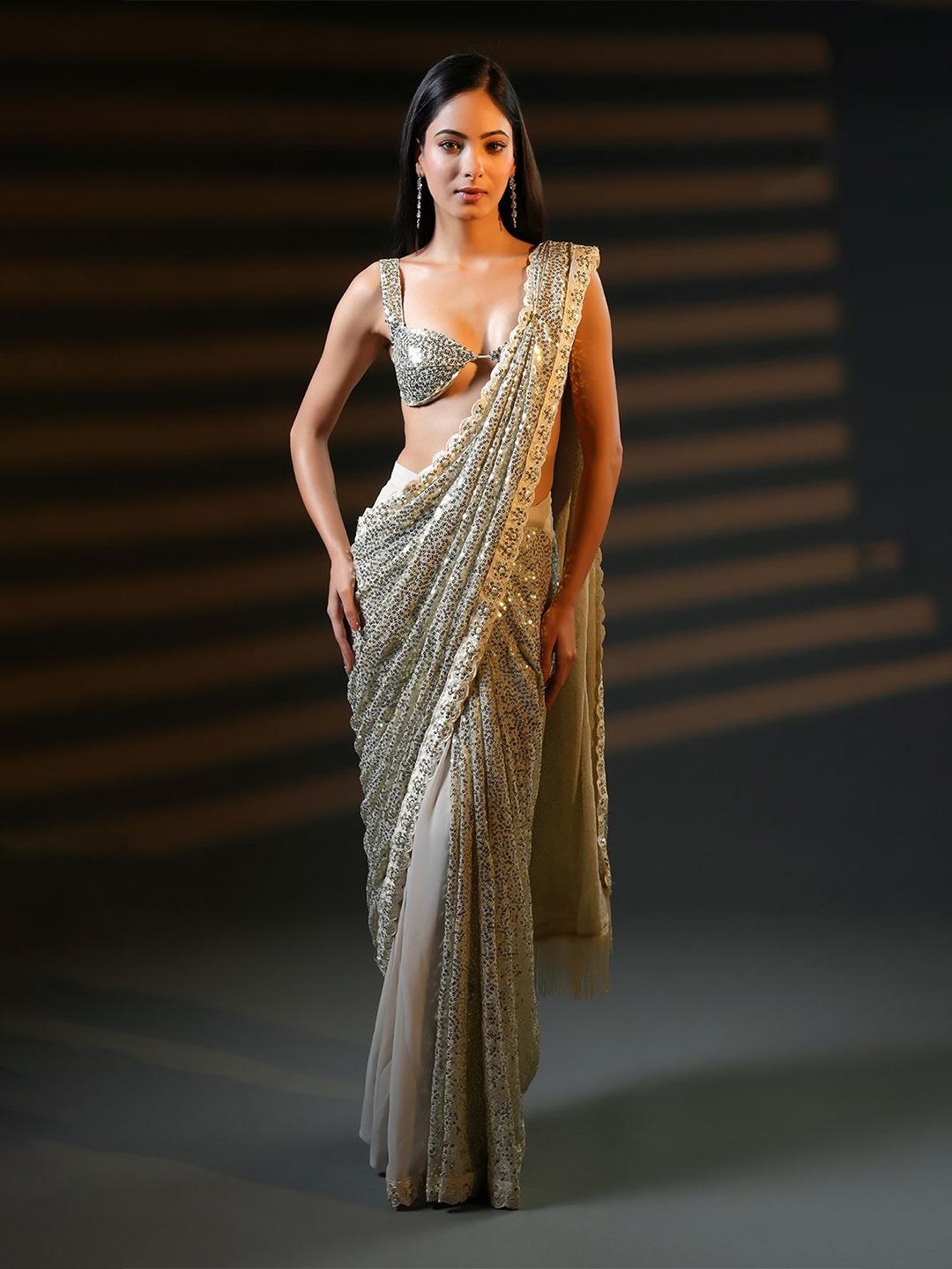 Ivory Sequin Embellished Georgette Ready-to-Wear Saree