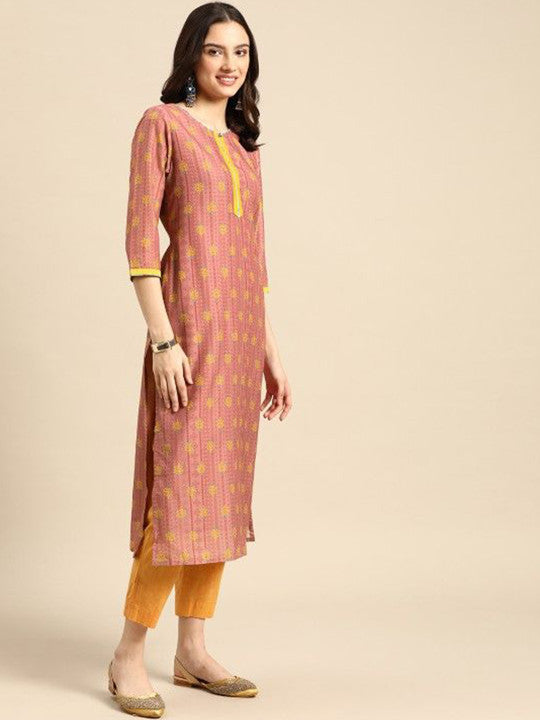 Peach Printed Viscose Rayon Round Neck Kurta