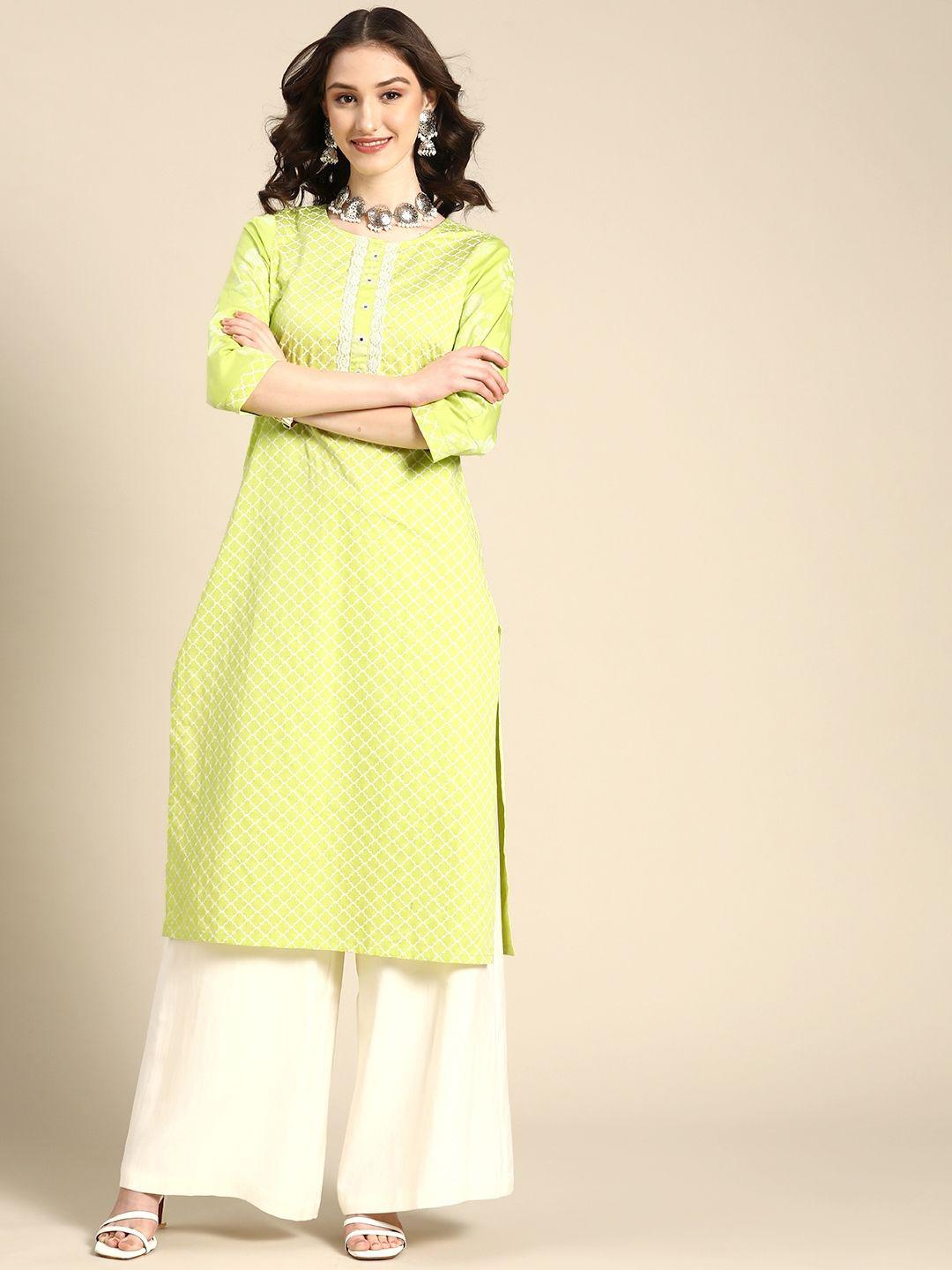 Lime Green Printed Viscose Rayon Round Neck Kurta