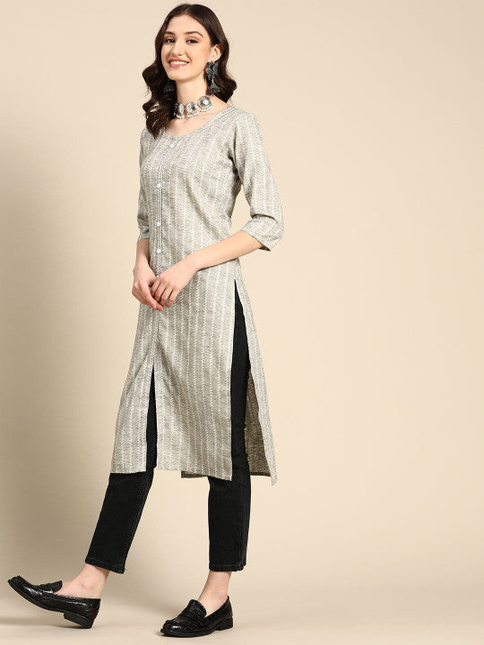 Grey Striped Viscose Rayon Round Neck Kurta