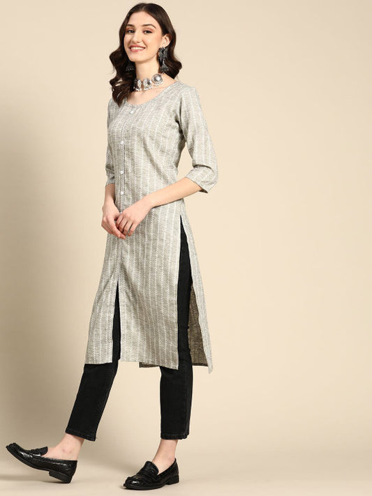 Grey Striped Viscose Rayon Round Neck Kurta