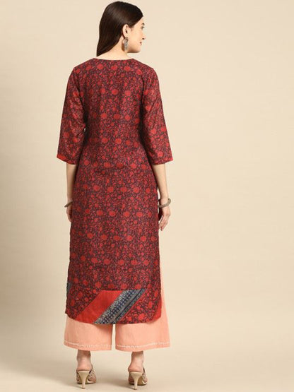 Red Floral Viscose Rayon Round Neck Kurta