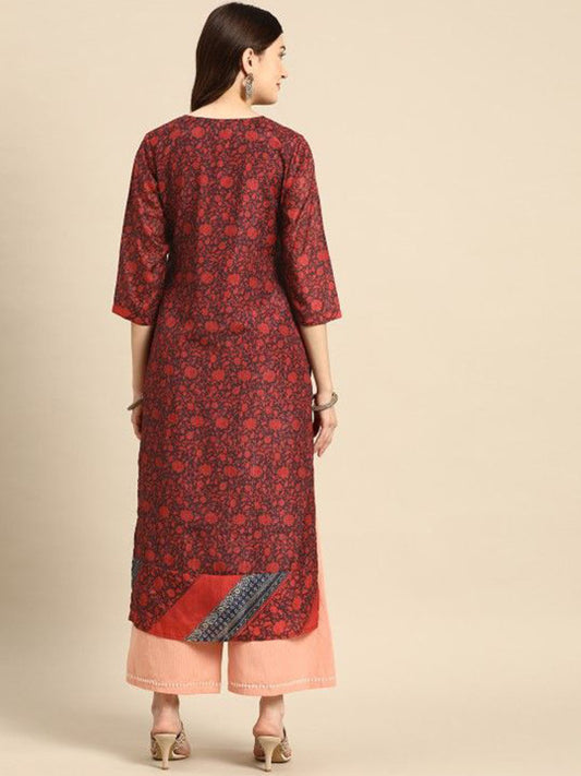 Red Floral Viscose Rayon Round Neck Kurta
