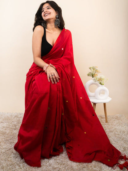 Red Cotton Blend Mirror Work Saree