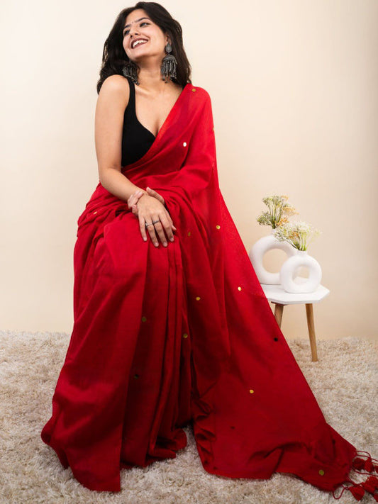 Red Cotton Blend Mirror Work Saree