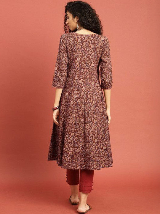 Maroon Cotton Blend Printed V Neck Kurta