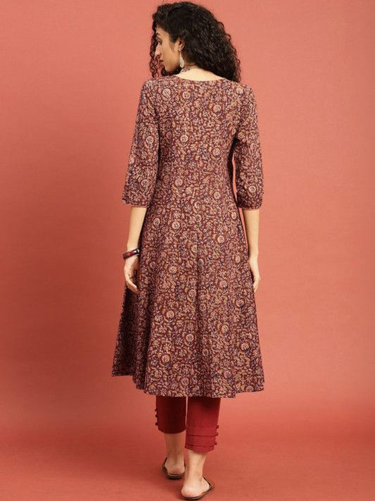 Maroon Cotton Blend Printed V Neck Kurta