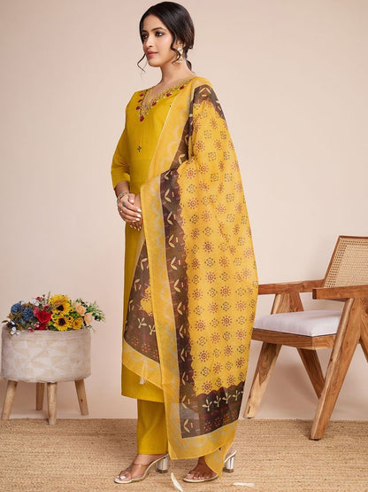 Mustard Yellow Chanderi Silk Embroidered Kurta with Trousers and Printed Dupatta