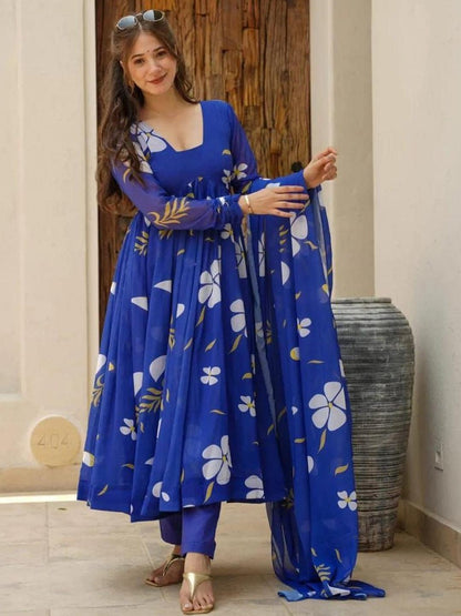 Royal Blue Viscose Rayon Floral Printed Anarkali Kurta with Trousers & Dupatta