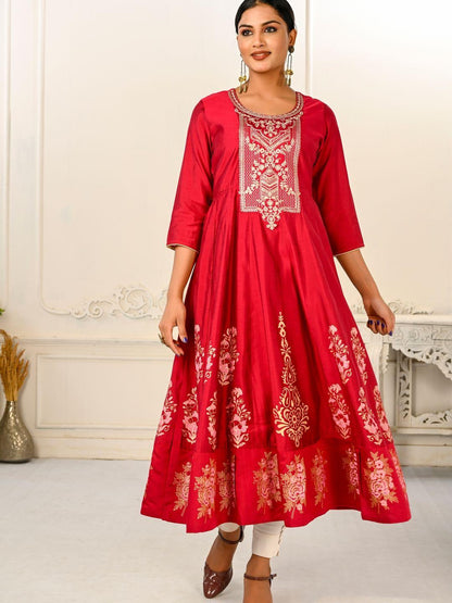 Red Pure Cotton Embroidered Round Neck Anarkali Kurta