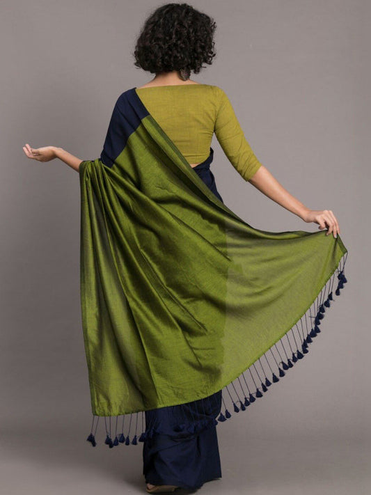 Navy Blue & Olive Khadi Cotton Blend Saree