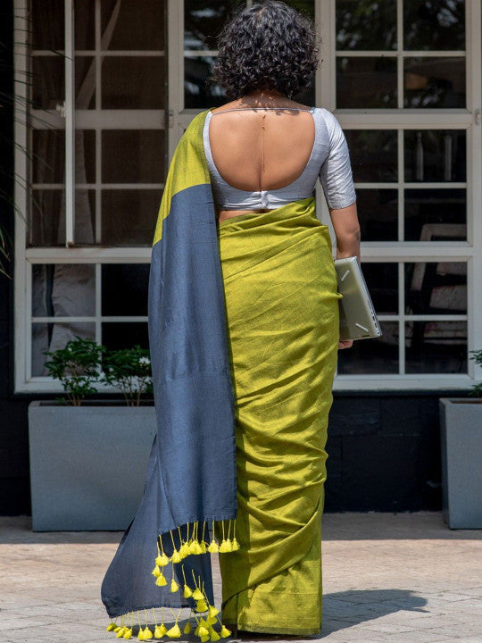 Olive Green Cotton Blend Saree