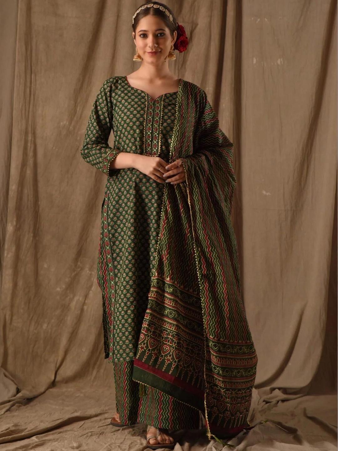 Green Viscose Rayon Printed Kurta with Flared Palazzo & Dupatta