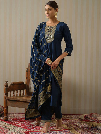 Navy Blue Art Silk Embroidered Kurta with Trousers & Dupatta