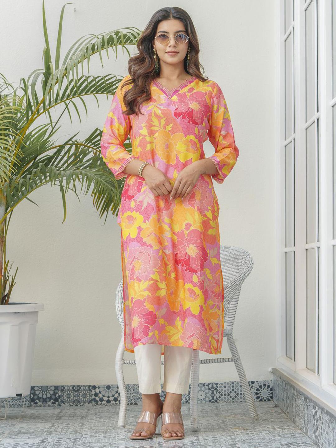 Pink Women’s Floral Print V Neck Cotton Kurta