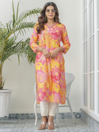 Pink Women’s Floral Print V Neck Cotton Kurta