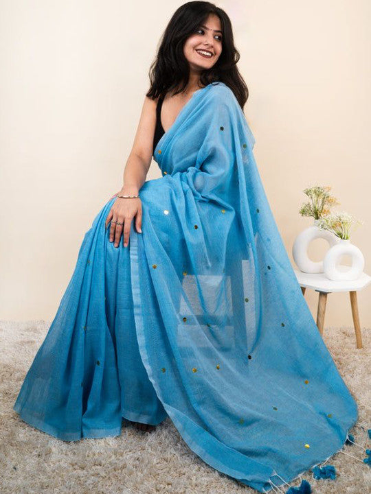 Sky Blue Cotton Blend Mirror Work Saree