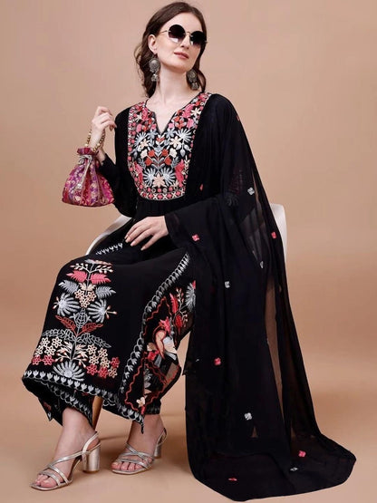 Black Poly Georgette Embroidered Kurta with Trousers & Dupatta